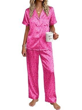 Women's Hot Pink Leopard Silky Short Sleeve Button Down Loungewear Pajama Set